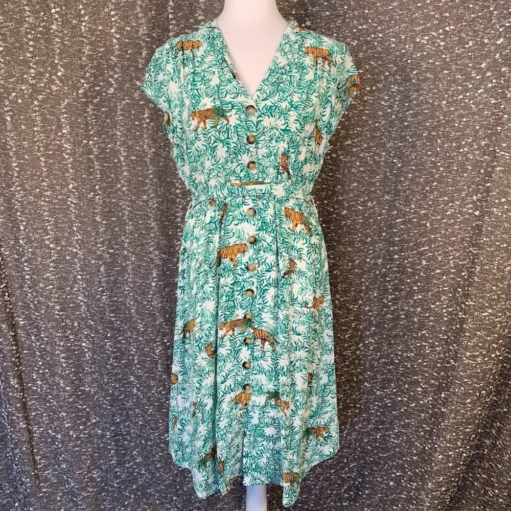 Maeve Green Floral & Tiger Print Midi Dress
